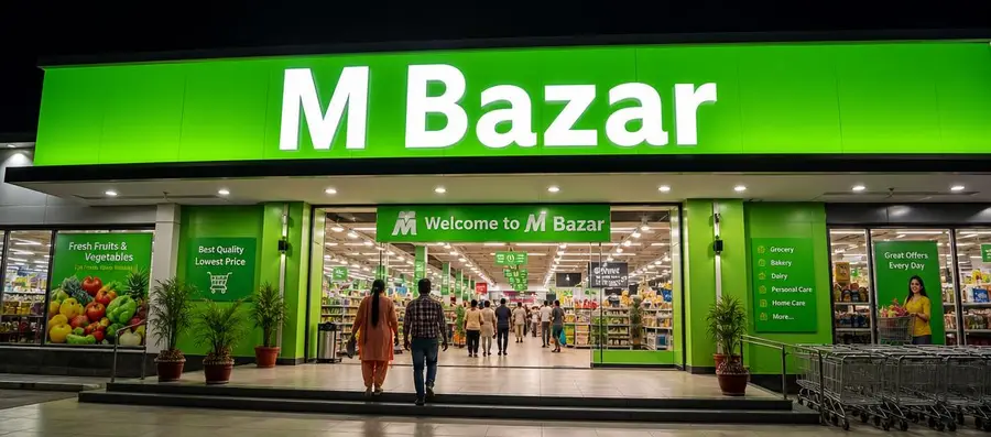 M Bazar store entrance at night
